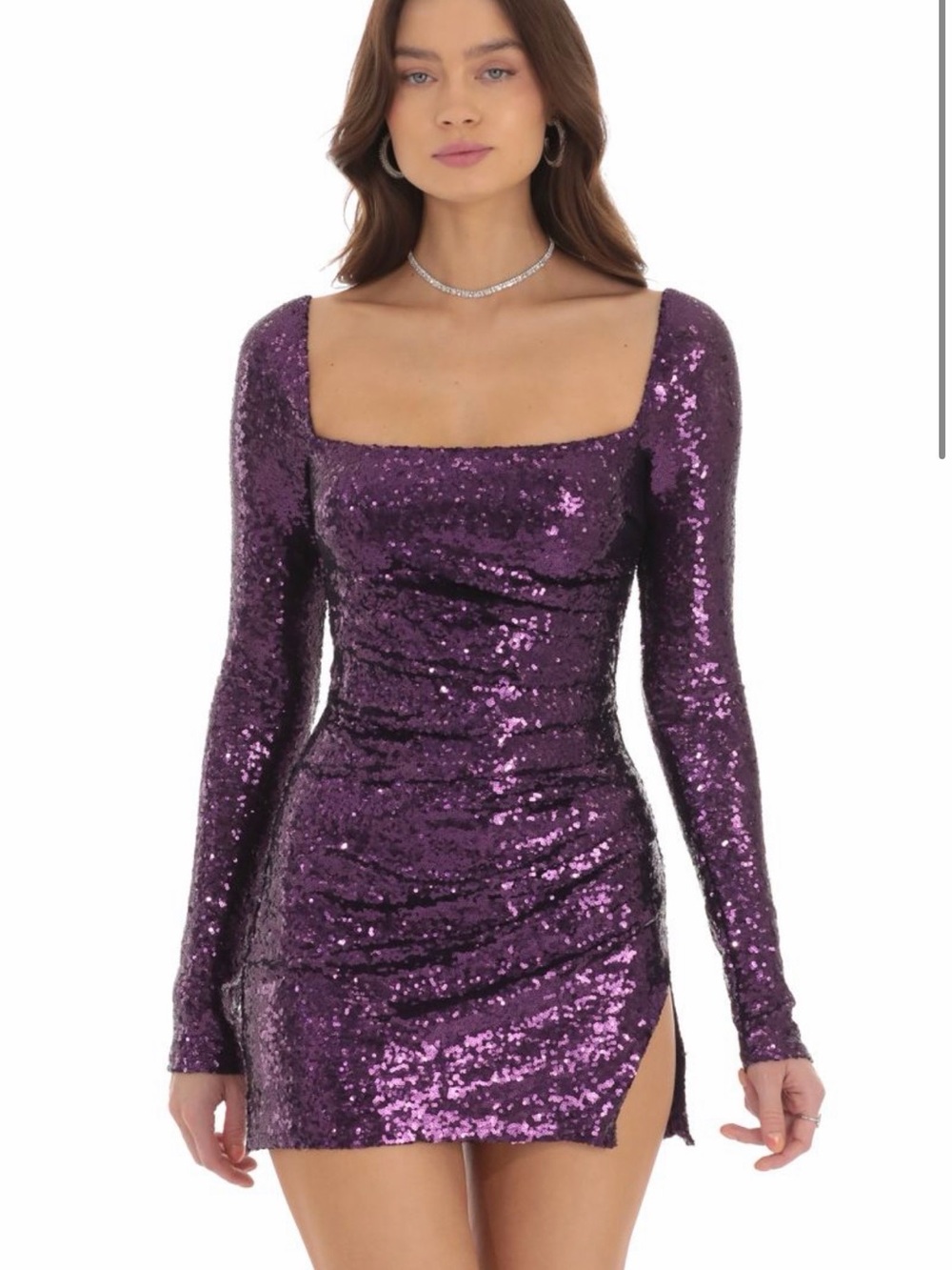 Lucy in the Sky Plum Sequin Square-Neck Long-Sleeve Mini